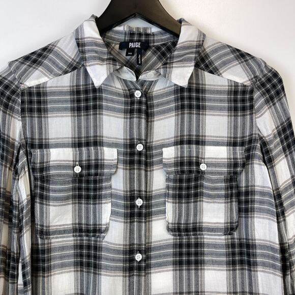PAIGE XS Viscose Plaid Lightweight Button Down Flannel Shirt Black White - Picture 2 of 10